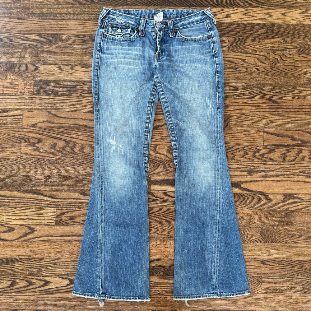 Vintage Women's True Religion Bootcut White Stitching Blue Denim Jeans - Size 29